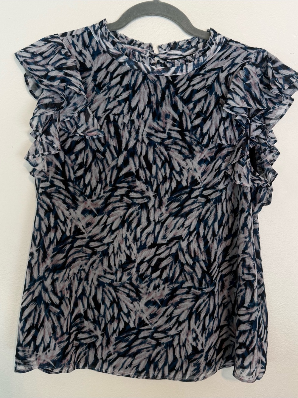 Dkny Navy and Light Gray Printed Ruffle Cap-Sleeve Blouse